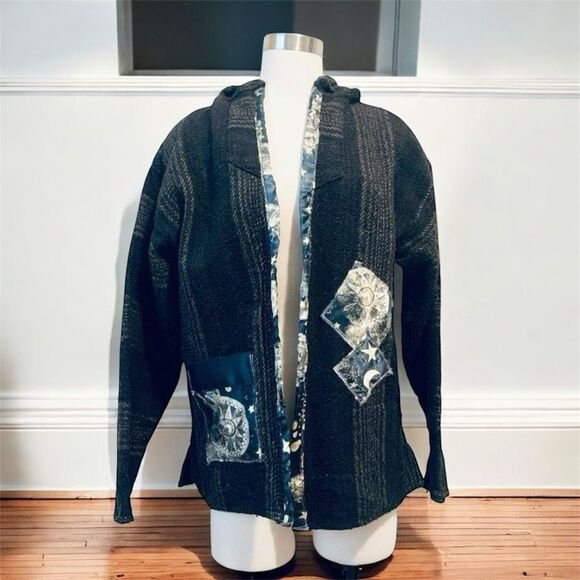 Stripe Knit Zodiac Sun Moon Tapestry Blazer Jacket Oversized Open Front L - Picture 1 of 4